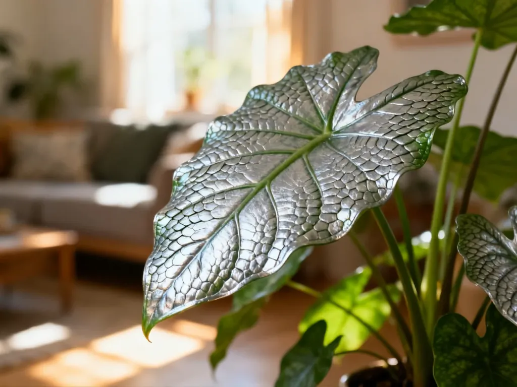 Zbliżenie na liście alokazji Dragon Scale o charakterystycznej, srebrzysto-zielonej teksturze przypominającej łuski.