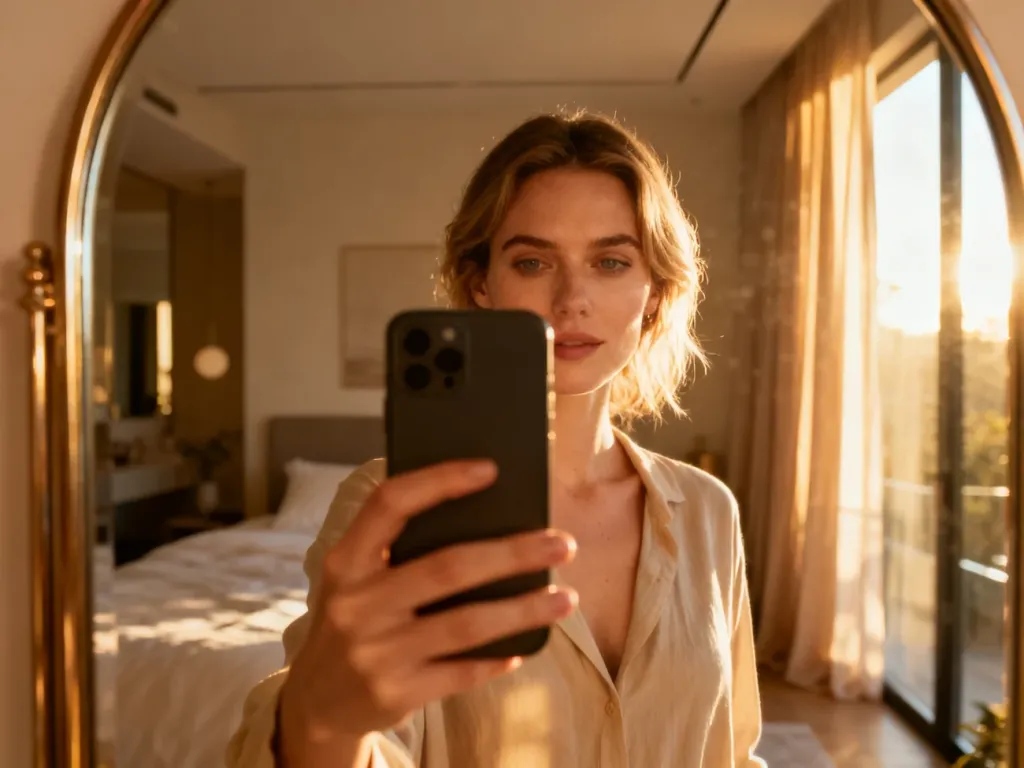 Stylowa kobieta robi sobie selfie w dużym lustrze w nowoczesnej, słonecznej sypialni.