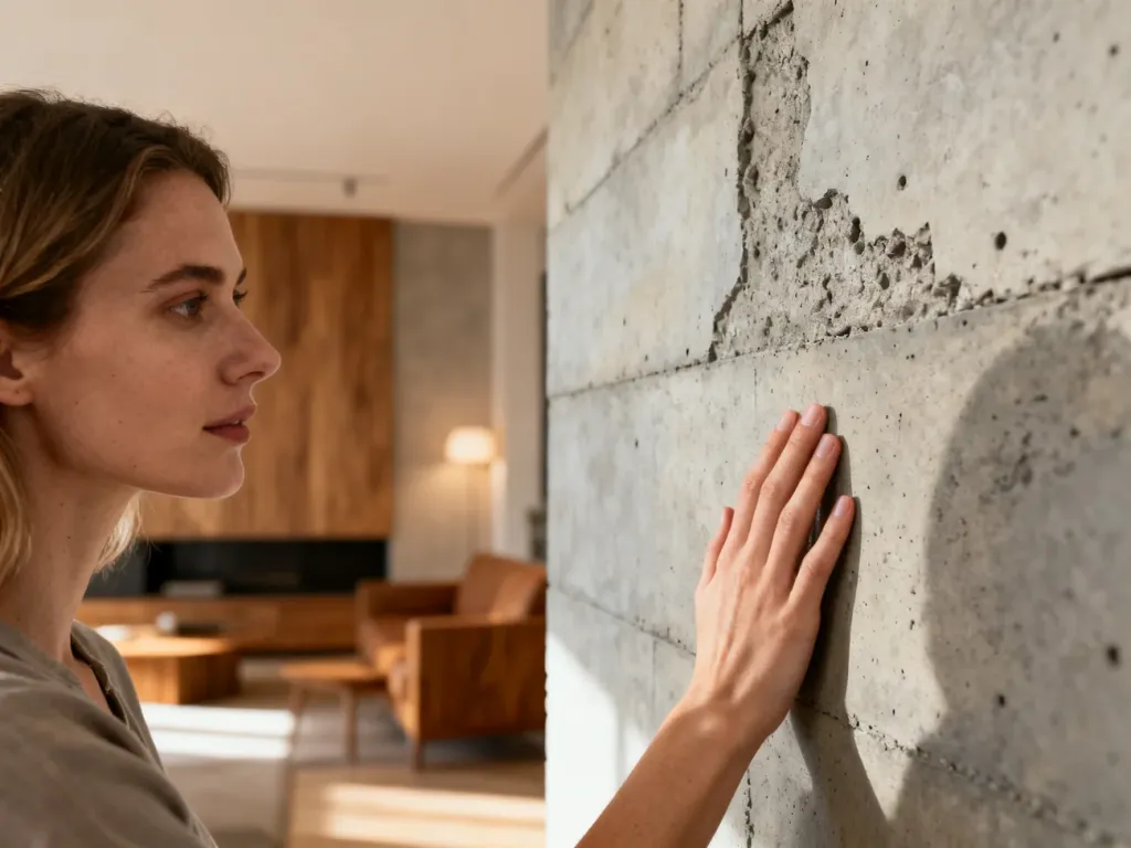 Kobieta dotykająca ściany z dekoracyjnego betonu architektonicznego w nowoczesnym, minimalistycznym salonie.