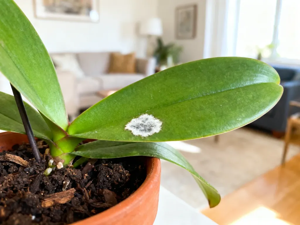 Zbliżenie na liść storczyka Phalaenopsis z widocznym nalotem białej pleśni na powierzchni podłoża w doniczce.
